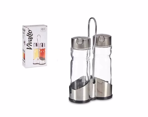 Aceitera y Vinagrera con Soporte Set Acero Inox. (Vivalto)