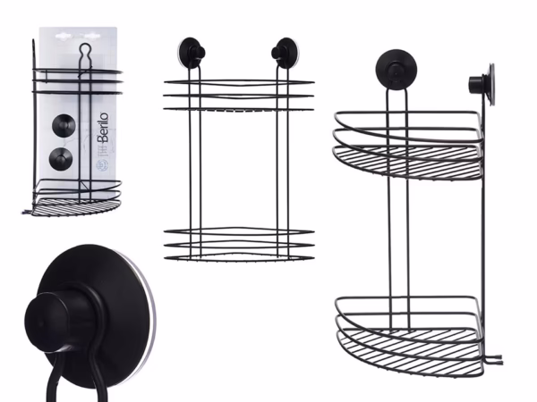 Soporte Metal Negro Mate p/ Ducha Esq 2 Pisos Ventosa (Berilo)